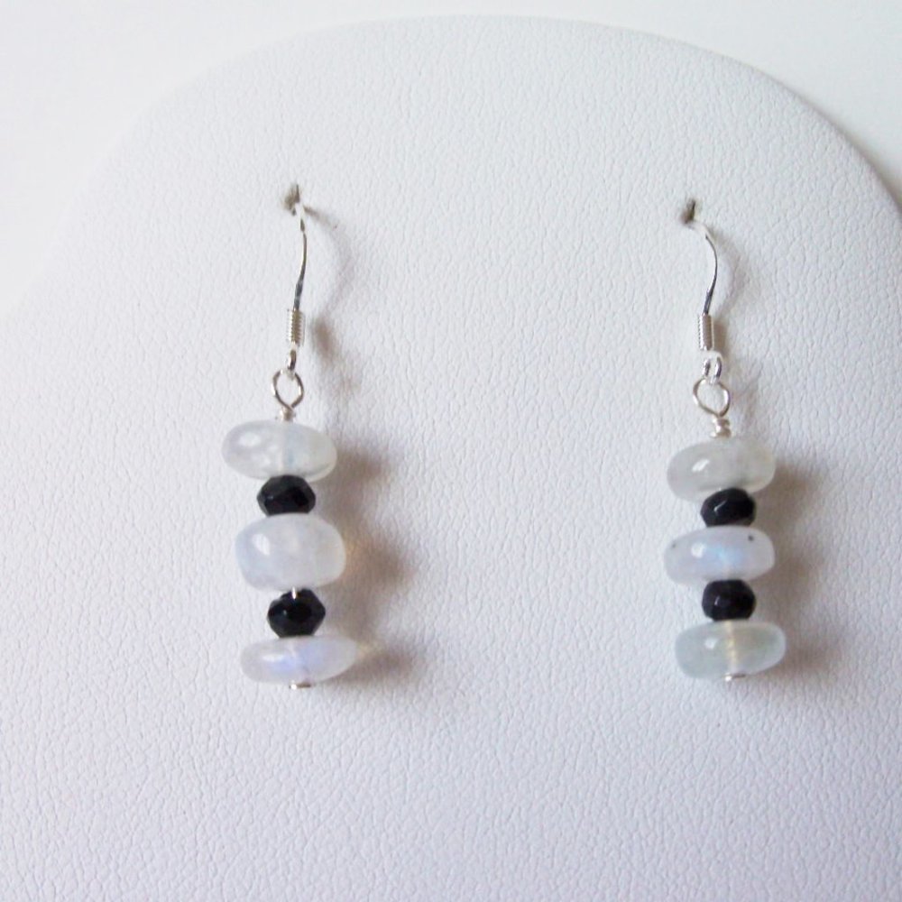 Natural rainbow moonstone, spinel ,sterling silver earrings , NEW (#906)